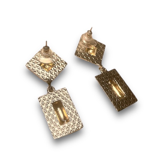 Gold and Silver tone square & rectangular Facetted Dangle Earrings - Picture 3 of 5